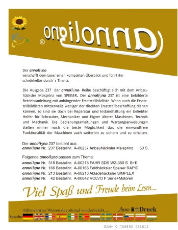 SPEISER Häcksler Anbauhäcksler Typ Maisprinz Bild- Betriebsanleitung & Bild- Ersatzteilliste  - annoligno 237